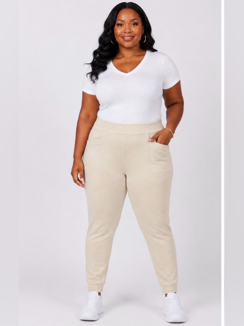 Plus-Size High-Rise Jogger Pants in Light Beige